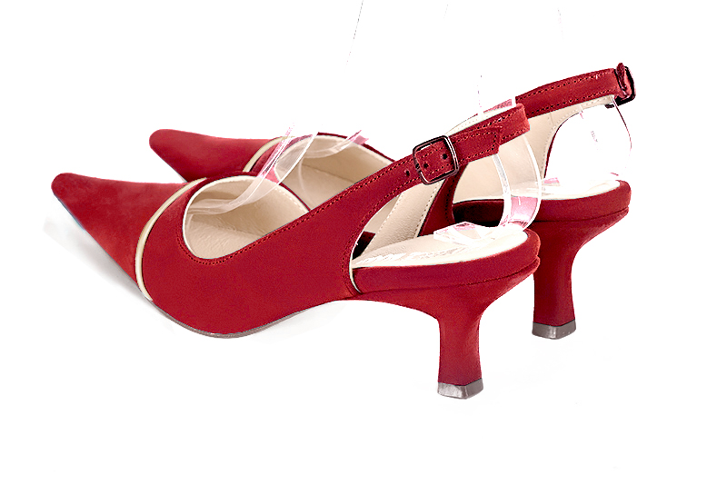 Cardinal red and gold women's slingback shoes. Pointed toe. Medium spool heels. Rear view - Florence KOOIJMAN